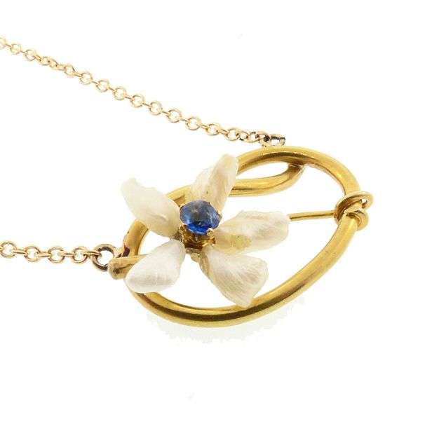 Art Nouveau 14K Sapphire &amp; Mississippi Pearl Pendant Necklace