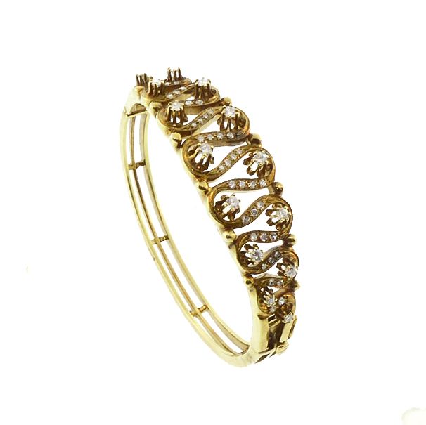 Diamond &amp; 14K Gold Edwardian Ribbon Hinged Bangle Bracelet