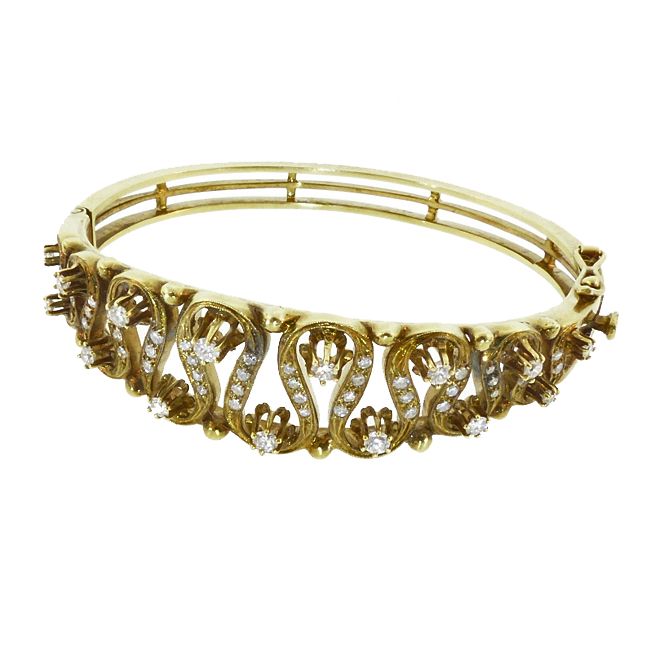 Diamond &amp; 14K Gold Edwardian Ribbon Hinged Bangle Bracelet