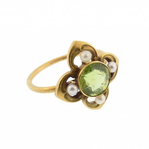 Peridot, Pearl & 14K Gold Art Nouveau Gothic Revival Conversion Ring