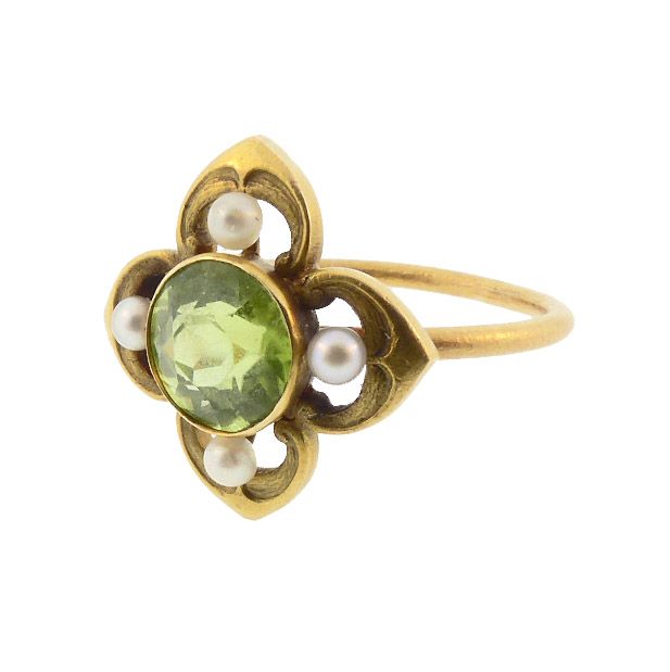 Peridot, Pearl &amp; 14K Gold Art Nouveau Gothic Revival Conversion Ring