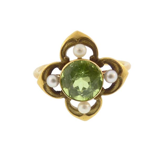 Peridot, Pearl &amp; 14K Gold Art Nouveau Gothic Revival Conversion Ring