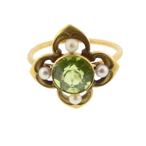 Peridot, Pearl &amp; 14K Gold Art Nouveau Gothic Revival Conversion Ring