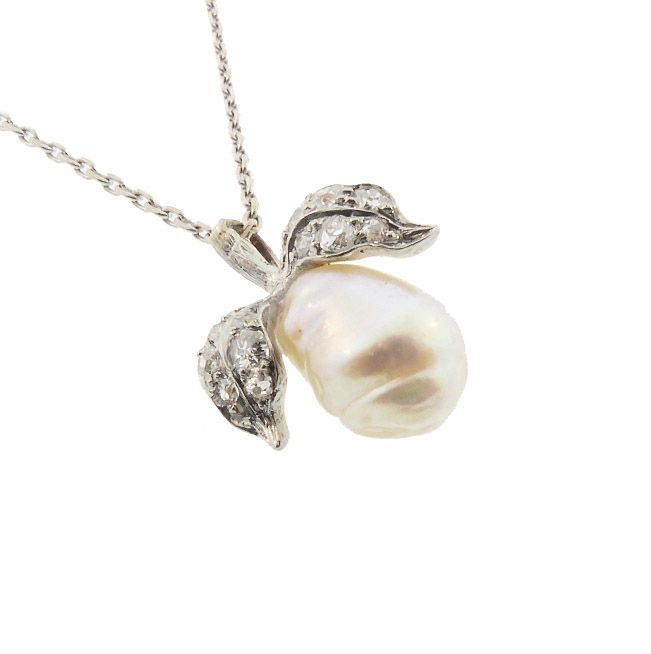 Art Nouveau Natural Pearl Diamond Platinum Pear Pendant Necklace