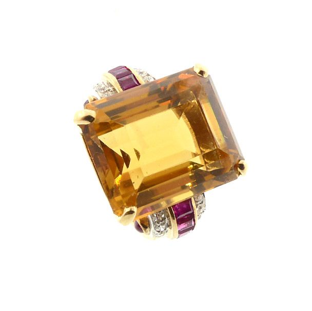 Retro Citrine Diamond Ruby 14K Gold Statement Cocktail Ring