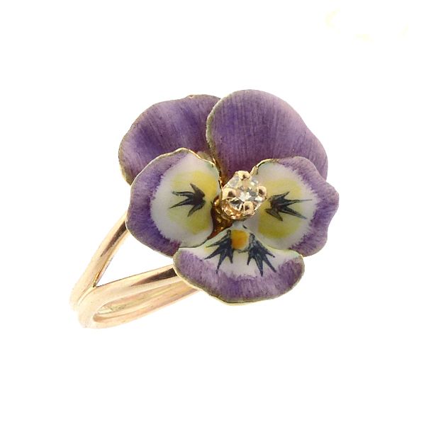 Enameled 14K Gold &amp; Diamond Pansy Conversion Ring