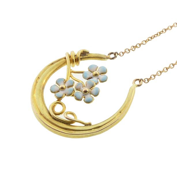 Art Nouveau 14K Gold &amp; Enamel Good Luck Horseshoe Pendant Necklace