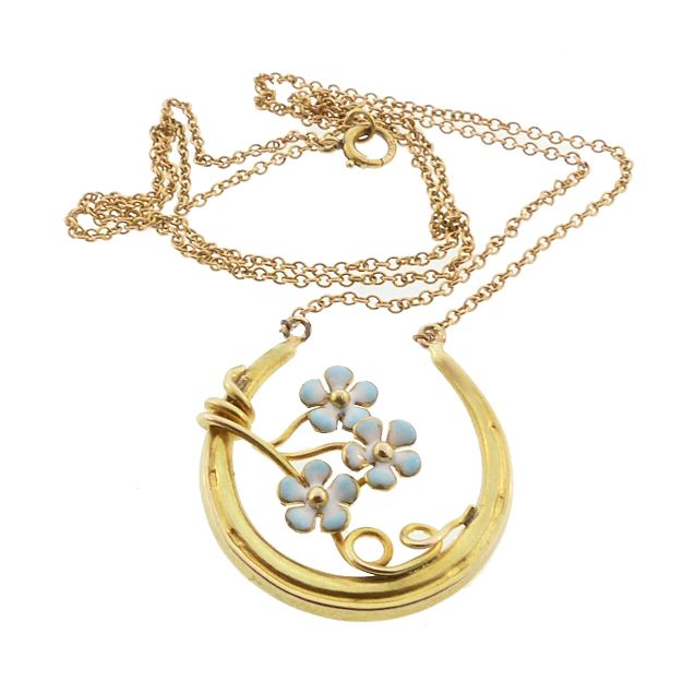Art Nouveau 14K Gold &amp; Enamel Good Luck Horseshoe Pendant Necklace