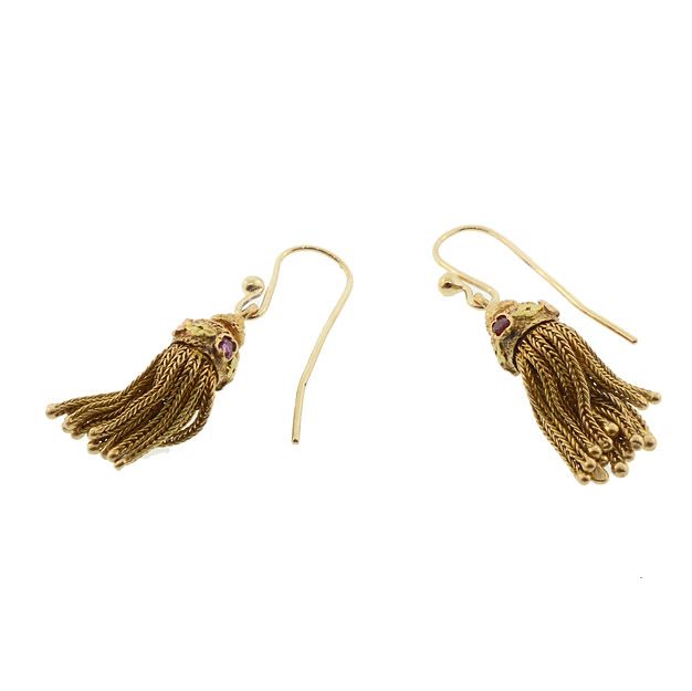 Victorian 18K Gold &amp; Ruby Foxtail Tassel Earrings