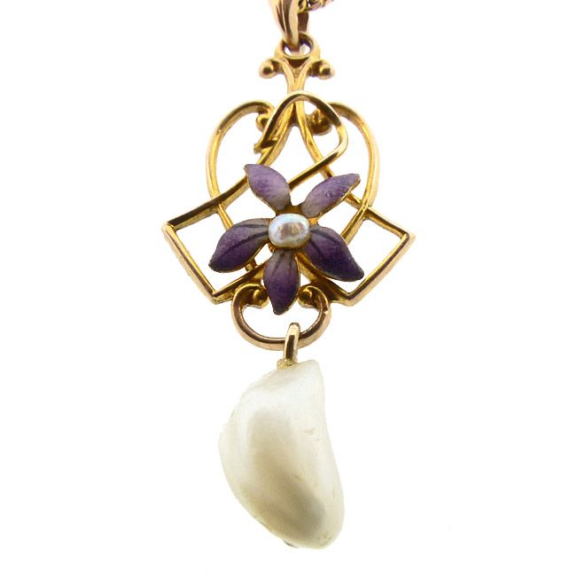 Art Nouveau 10K Gold Enamel &amp; Pearl Pendant Necklace