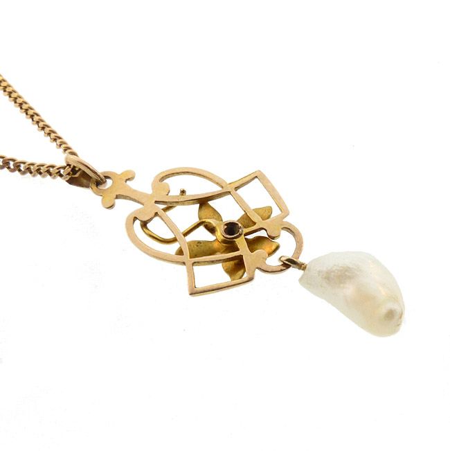 Art Nouveau 10K Gold Enamel &amp; Pearl Pendant Necklace
