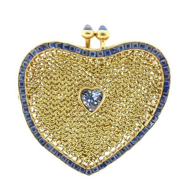 Sapphire &amp; 18K Gold Mesh Heart Coin Purse French Art Nouveau