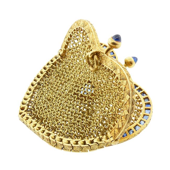 Sapphire &amp; 18K Gold Mesh Heart Coin Purse French Art Nouveau
