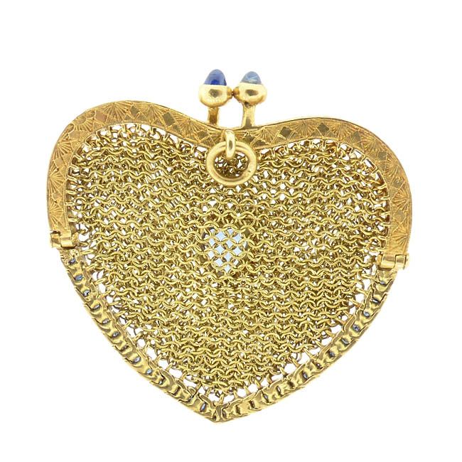 Sapphire &amp; 18K Gold Mesh Heart Coin Purse French Art Nouveau