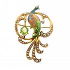 Krementz Peacock 14K Enamel Diamond Peridot Pearl Pin