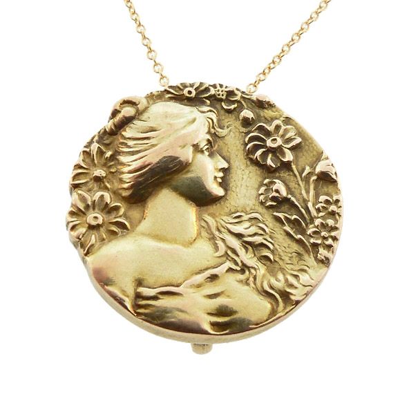 Art Nouveau 10K Gold Daisy Lady Pendant &amp; Watch Pin