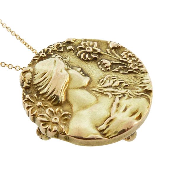 Art Nouveau 10K Gold Daisy Lady Pendant &amp; Watch Pin