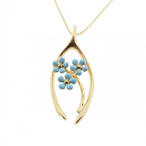 Art Nouveau Enameled Flower & Good Luck Wishbone 14K Gold Pendant