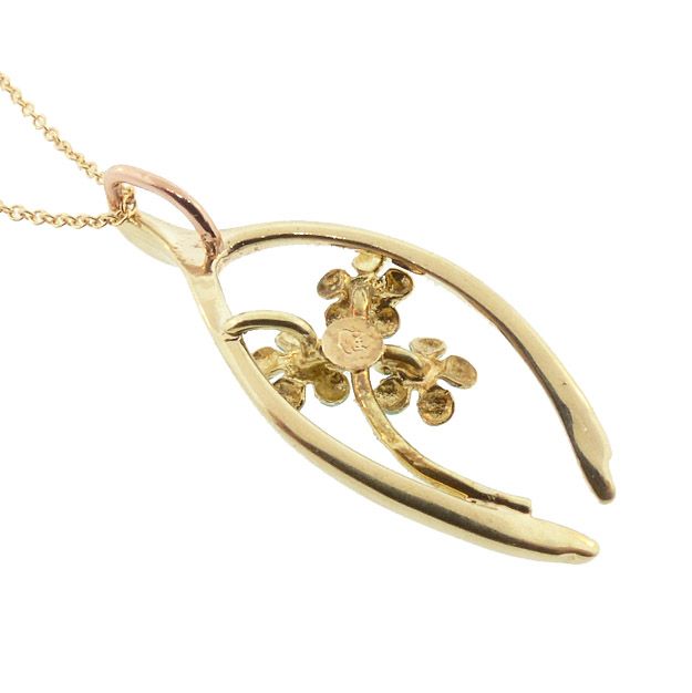 Art Nouveau Enameled Flower &amp; Good Luck Wishbone 14K Gold Pendant