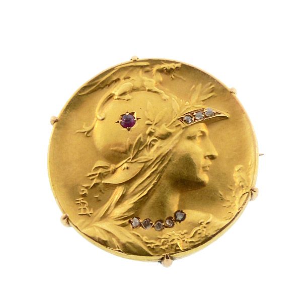 Art Nouveau Louis Rault 18K Gold, Diamond &amp; Ruby Goddess Athena Brooch