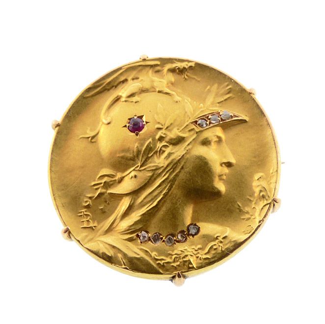Art Nouveau Louis Rault 18K Gold, Diamond &amp; Ruby Goddess Athena Brooch