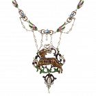 Austro-Hungarian Enameled Silver Ruby, Sapphire & Pearl Stag Necklace