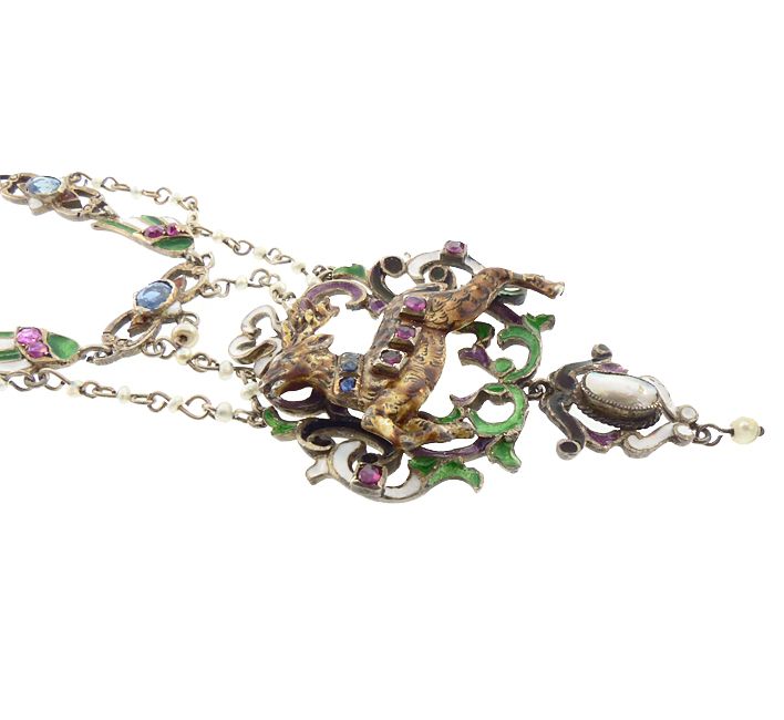 Austro-Hungarian Enameled Silver Ruby, Sapphire &amp; Pearl Stag Necklace