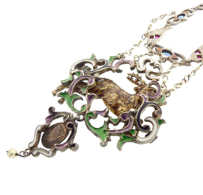 Austro-Hungarian Enameled Silver Ruby, Sapphire &amp; Pearl Stag Necklace