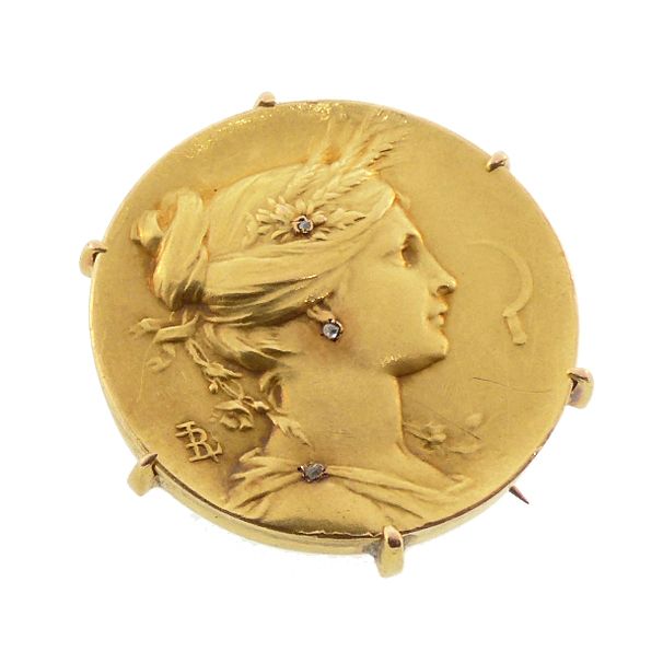 Art Nouveau Louis Rault 18K Gold & Diamond Goddess Demeter Brooch