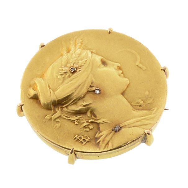Art Nouveau Louis Rault 18K Gold &amp; Diamond Goddess Demeter Brooch