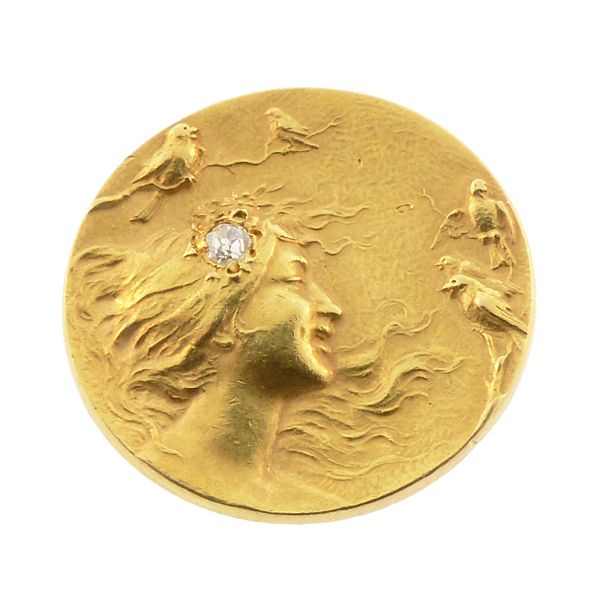 Art Nouveau 14K Gold & Diamond Lady & Birds Brooch