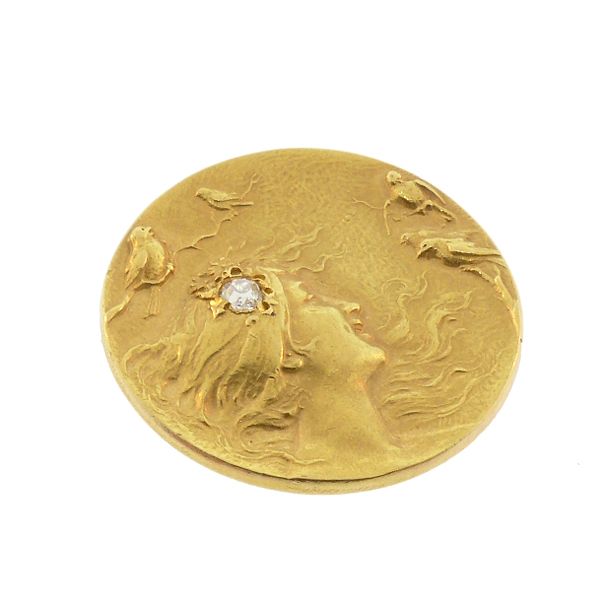 Art Nouveau 14K Gold &amp; Diamond Lady &amp; Birds Brooch