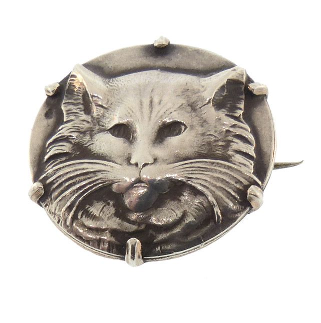 French Art Nouveau Silver Cat Brooch