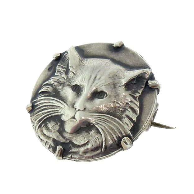 French Art Nouveau Silver Cat Brooch