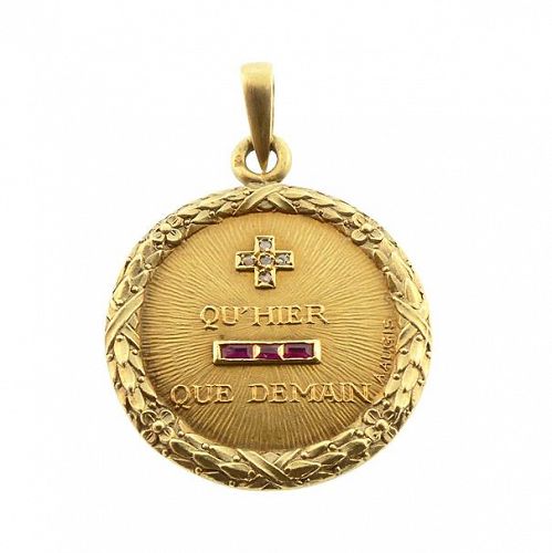 Augis French 18K Gold Diamond Ruby PLUS QU’HIER Love Token Pendant