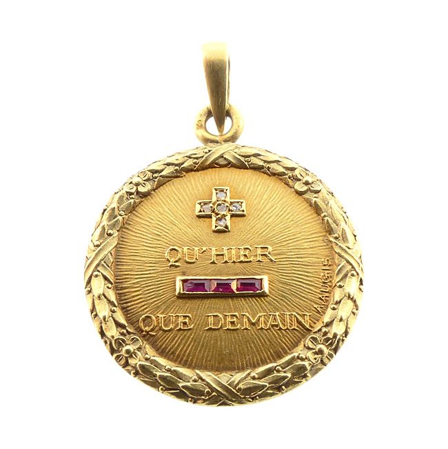 Augis French 18K Gold Diamond Ruby PLUS QU’HIER Love Token Pendant