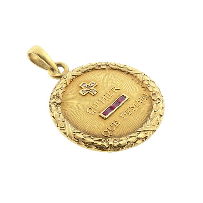 Augis French 18K Gold Diamond Ruby PLUS QU’HIER Love Token Pendant