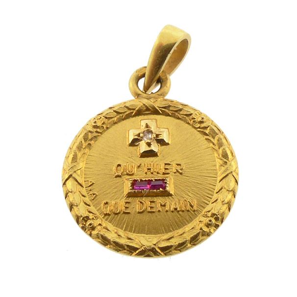 Augis French 18K Gold Diamond Ruby PLUS QU’HIER Love Token Pendant