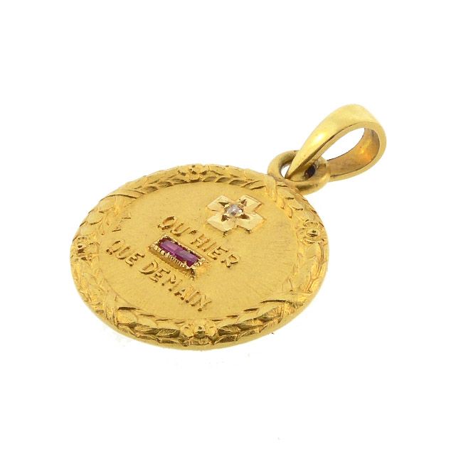 Augis French 18K Gold Diamond Ruby PLUS QU’HIER Love Token Pendant