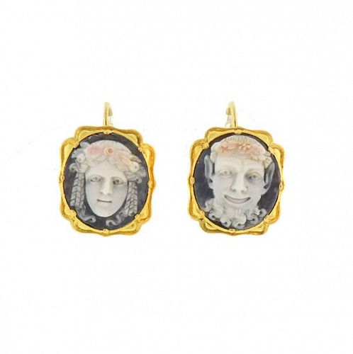 Georgian 15K Gold & Hardstone Satyr & Nymph Cameo Earrings