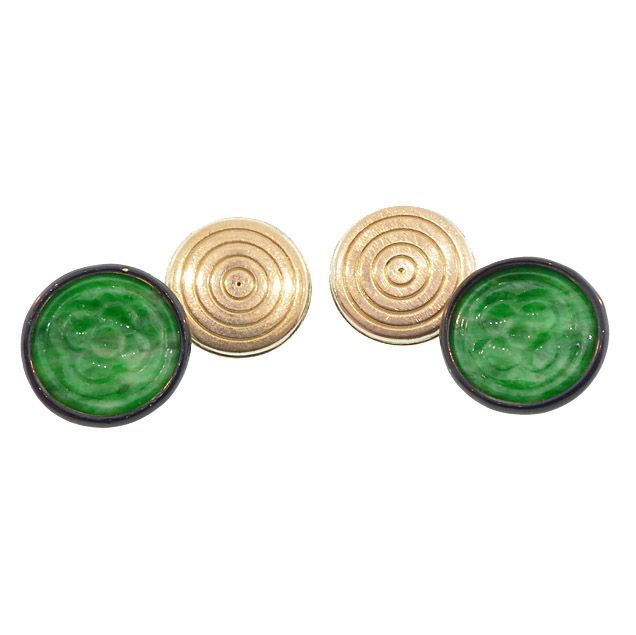Green Jade, Black Enamel &amp; 18K Gold Art Deco Cufflinks