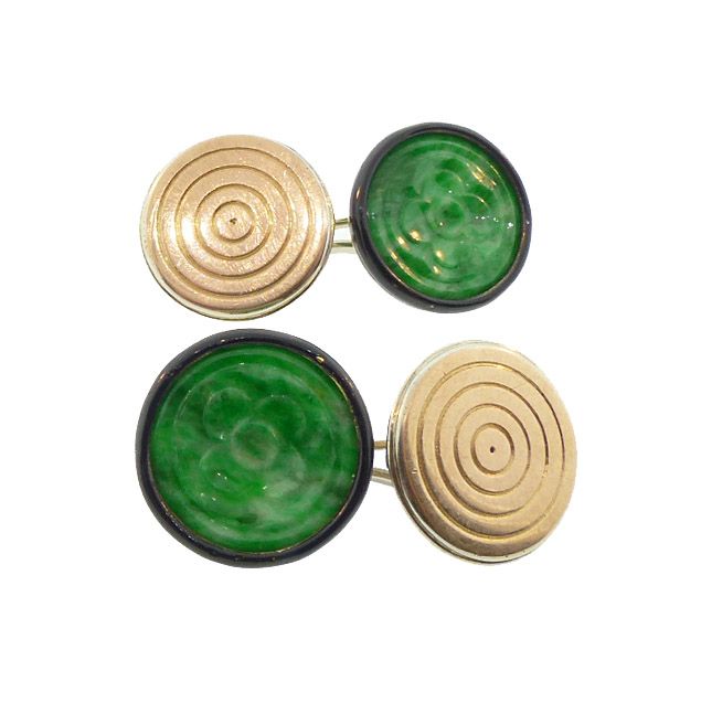 Green Jade, Black Enamel &amp; 18K Gold Art Deco Cufflinks