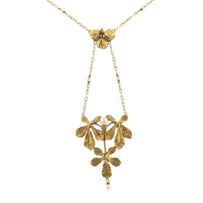 French Art Nouveau 18K Gold &amp; Pearl Chestnut Necklace