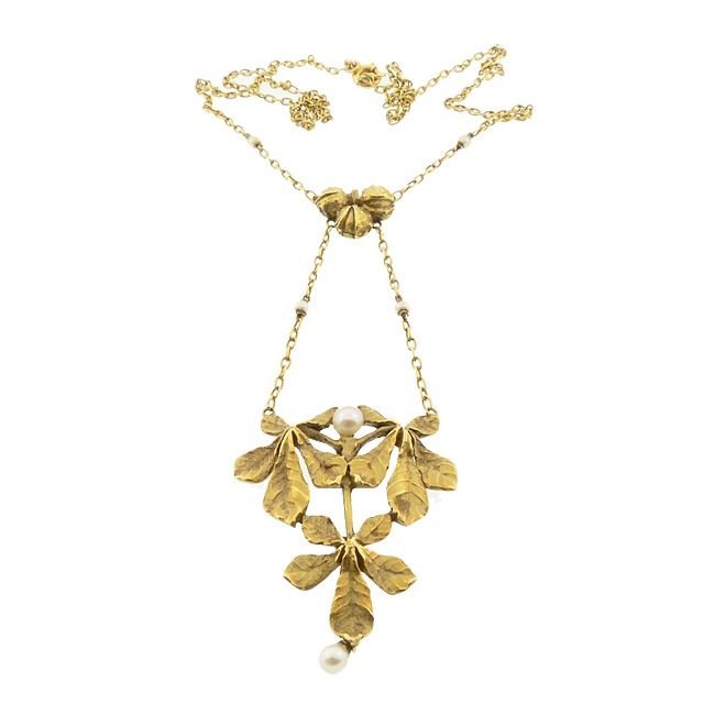French Art Nouveau 18K Gold &amp; Pearl Chestnut Necklace