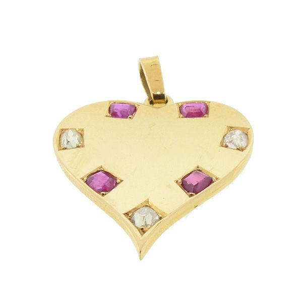 Retro 18K Gold, Ruby &amp; Diamond Heart Pendant / Charm