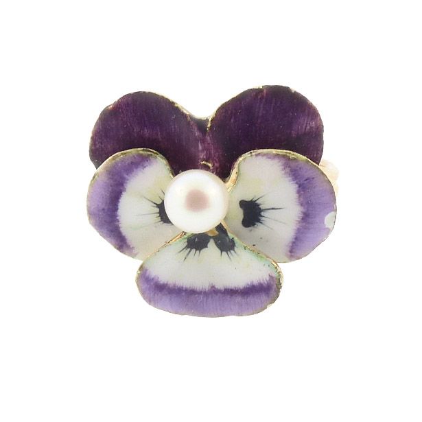 Enameled 14K Gold &amp; Pearl Pansy Conversion Ring
