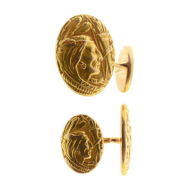 Krementz Art Nouveau 14K Gold Native American Cufflinks