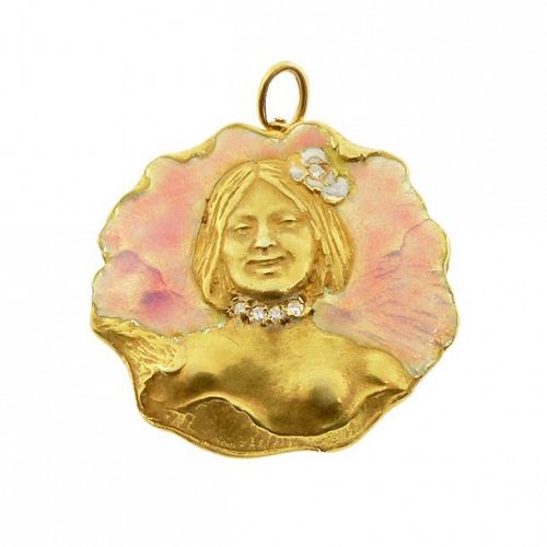 Art Nouveau 14K Gold Diamond & Enamel Semi-Nude Flower Lady Pendant