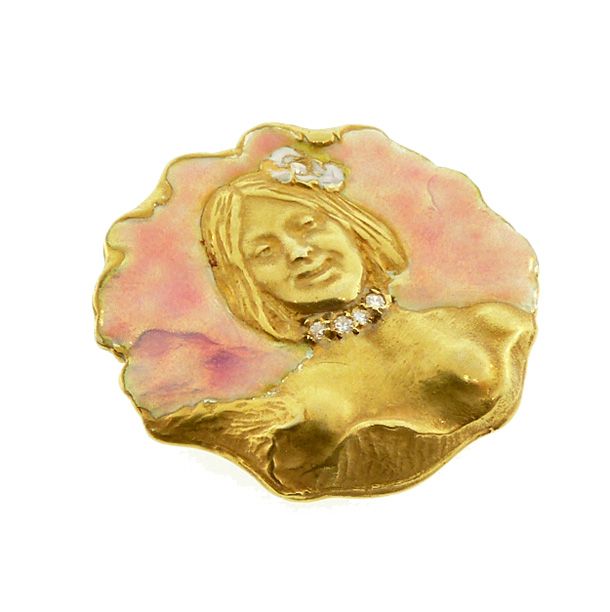 Art Nouveau 14K Gold Diamond &amp; Enamel Semi-Nude Flower Lady Pendant