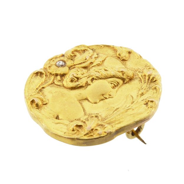 Art Nouveau 14K Gold &amp; Diamond Goddess IRIS Brooch